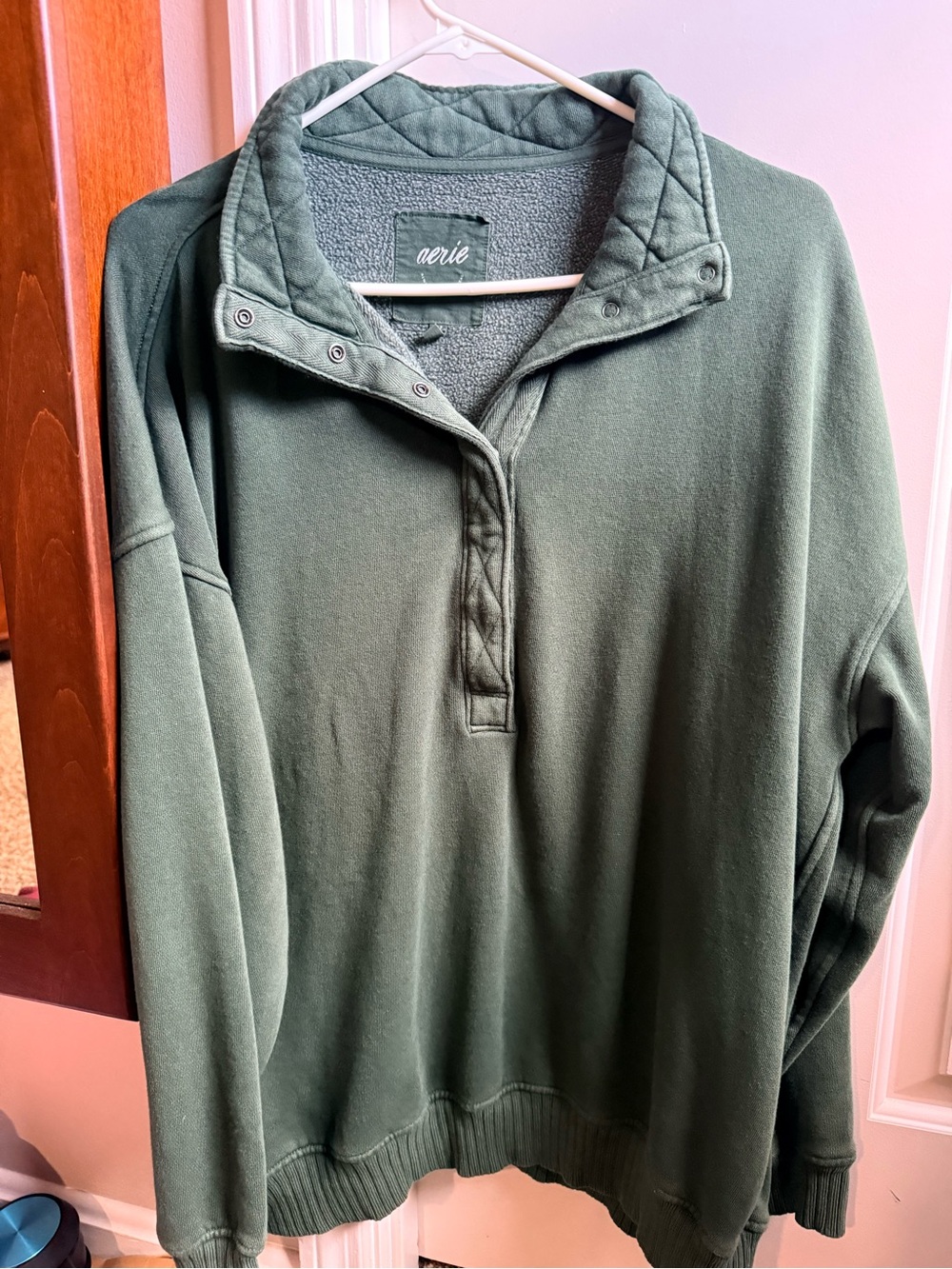 aerie Olive Green Quilted Snap-Collar Fleece Pullover